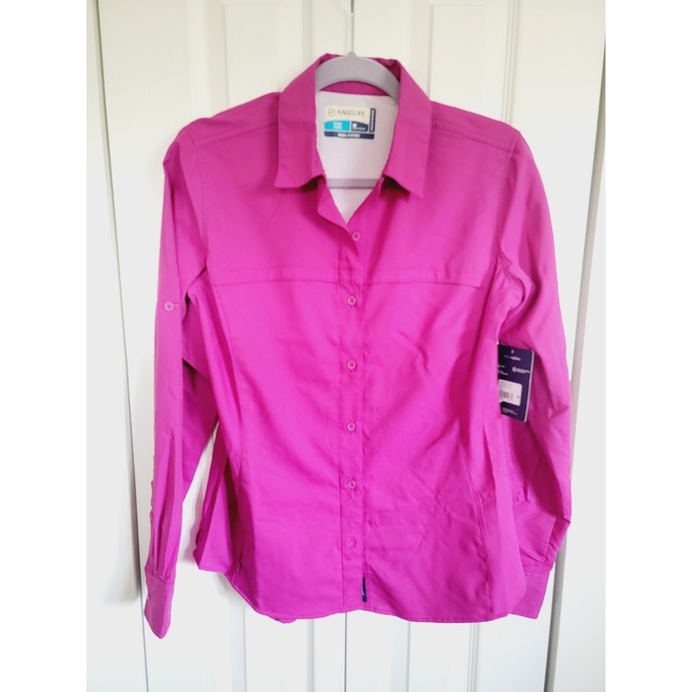 Magellan M Womens Overcast Shirt Pink LS Classic Semi-Fit Collared Fishing NWT‎